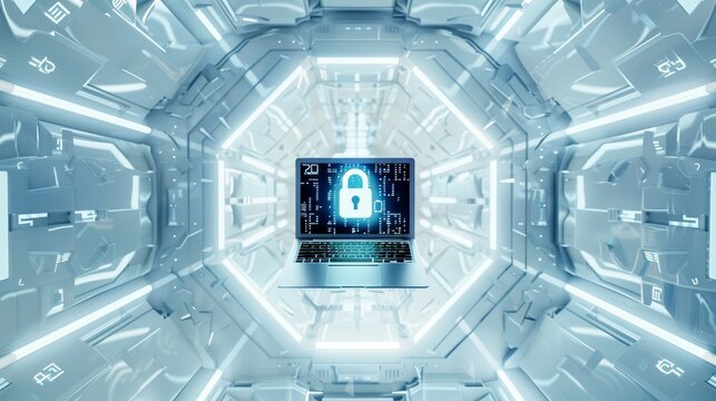 Secure laptop in futuristic office with binary shield, lock symbol, and bright, symmetrical layout
