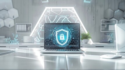 Secure laptop in binary shield in modern office with high tech setup for maximum data security