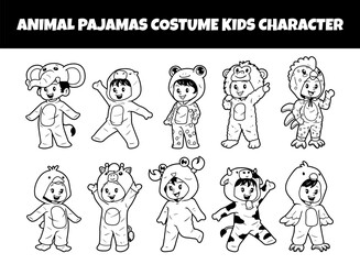 Animal pajamas costume kids character set outline vector illustration