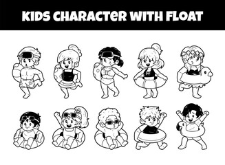 Kids character set with float outlne vector illustration