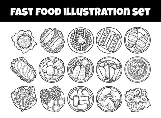 Obraz premium Fast food set with top view outline vector illustration