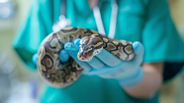 Professional vet carefully examines a ball python in a medical setting