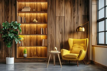 A wall with wood paneling, a chair and table in front of it, modern interior design, light gray concrete floor,