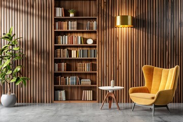 Fototapeta premium A yellow chair sits in front of a bookshelf filled with books