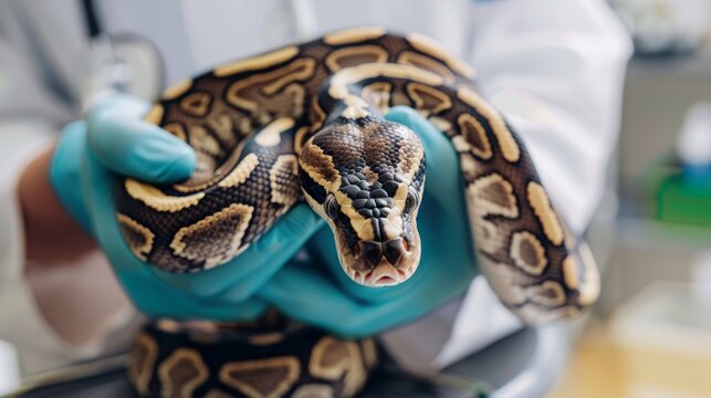 Caring veterinarian checks the health of a ball python using gloves