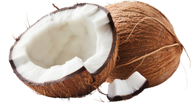 Fresh coconut split in half on white background or PNG