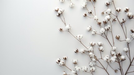 Delicate cotton flowers on plain white light gray background