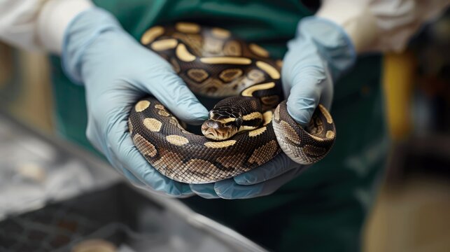 Vet in gloves inspects a ball python's health in a clinical environment