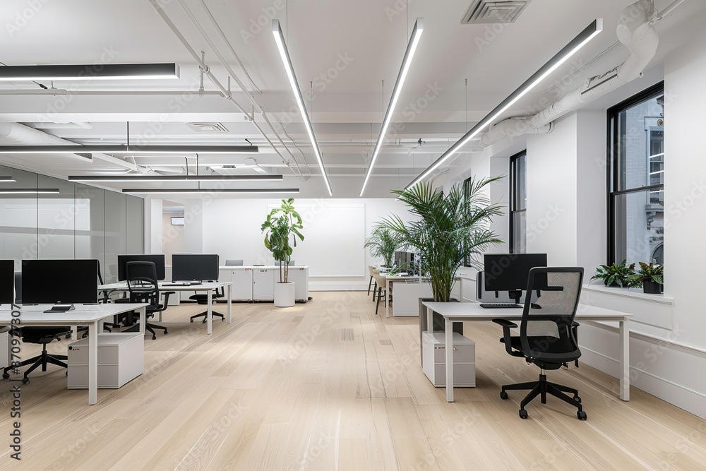 Fototapete a white office with modern desks and chairs, with led lights on the ceiling illuminating an empty wa