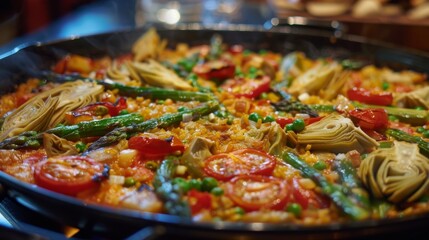 Asparagus and Artichoke Paella. Close-up of vegetable paella with artichokes, asparagus, tomatoes