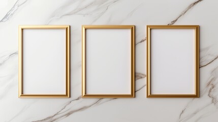 Elegant 3D wall frame mockup in matte gold, set against a marble-inspired backdrop with subtle veining, perfect for luxurious branding display