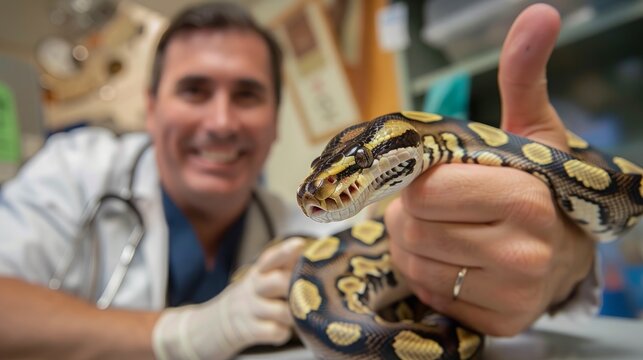 Cheerful veterinarian gives a thumbs-up beside a ball python shedding its skin
