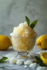 Refreshing Lemon Granita in Glass Cups with Fresh Mint Garnish. Boozy Lemonade Granita
