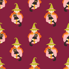childrens cute background. Cute witch with black cat. Witchcraft and magic seamless pattern