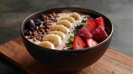 Smoothie Bowl with Fresh Fruits and Chocolate. Vanilla-Oat Smoothie Bowl