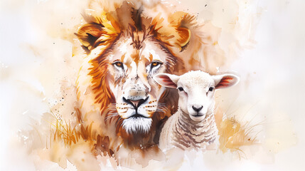 Lion of Judah and Lamb - Symbolic Watercolor Art of Peace and Strength
