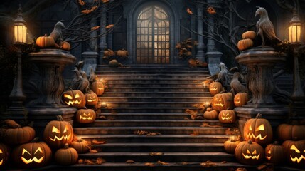 Front porch with numerous carved pumpkins glowing at night. Halloween decoration concept for design