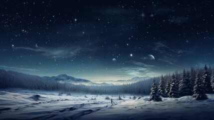 Snowy forest landscape under a starry night sky. Winter scenery with mountains and pine trees.