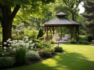 Obraz premium Beautiful Garden Patio with Lush Flowers and Comfortable Seating in a Tropical Setting. Generative AI