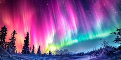 Naklejka premium Vibrant Aurora Borealis Display Over Serene Lake Landscape