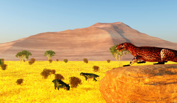Lycaenops during Permian Age - Lycaenops sneaks up to two Lystrosaurus animals while they eat during the Permian Period.