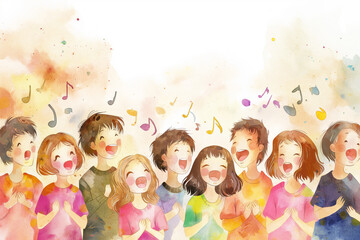 Illustration of a children's choir singing in the style of a watercolor