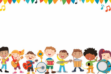 A clipart illustration of a children's choir singing in front of a white background in the style of a cartoon