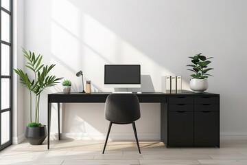 Modern home office interior with computer, desk and potted plants on white wall background. Space for text or advertisement.