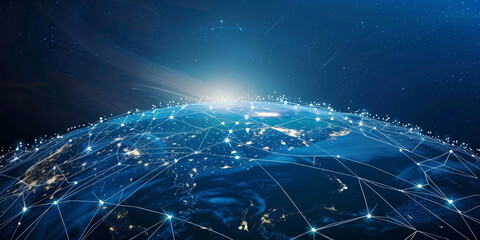 A digital globe with interconnected nodes symbolizing global network and connectivity, representing the world of technology in dark blue background