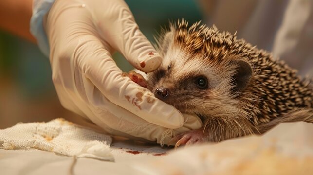 Veterinarian carefully bandaging a hedgehog after it got injured