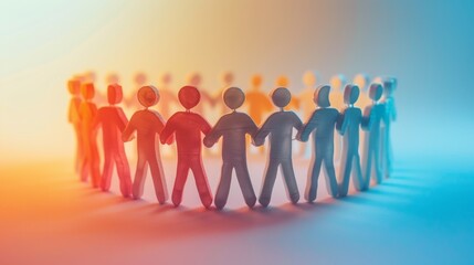A diverse group of people stand in a circle, hands clasped, symbolizing unity and togetherness.  The warm and cool lighting creates a sense of harmony.