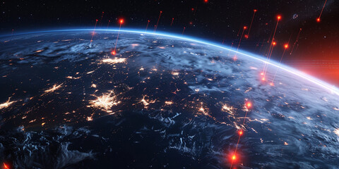 A panoramic view of Earth from space, with red lights flashing in various parts on the planet's surface, signifying an attack or invasion