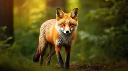 Obraz premium Majestic Red Fox Standing in Sunlit Forest. World Animal Day