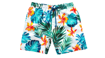 Pair of beach shorts with tropical pattern on white background or PNG