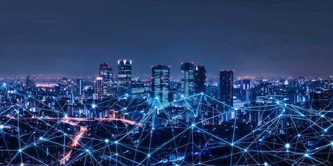 A wide-angle view of the city skyline at night, with digital connections representing data flow and network connection between buildings