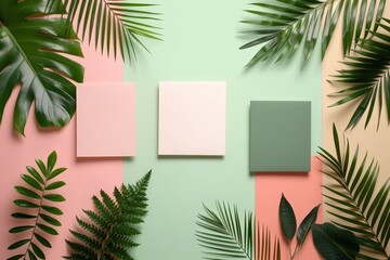 Colorful minimalistic scene with tropical leaves and blank canvases on a pastel background