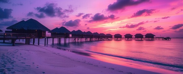 Fototapeta premium A stunning purple and pink sunset over the Maldives, with silhouettes of wooden bridges leading to thatched roof huts Generative AI