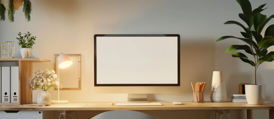 A computer desk with a monitor and a keyboard by AI generated image