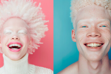 Portrait of an albino African American man and woman  in a studio setting with blue eyes; diversity, people, portrait, exclusive, expression