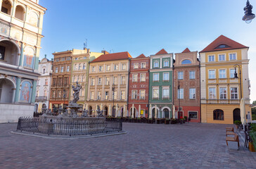 Facades of old colorful houses on the Town Hall Square in Poznan