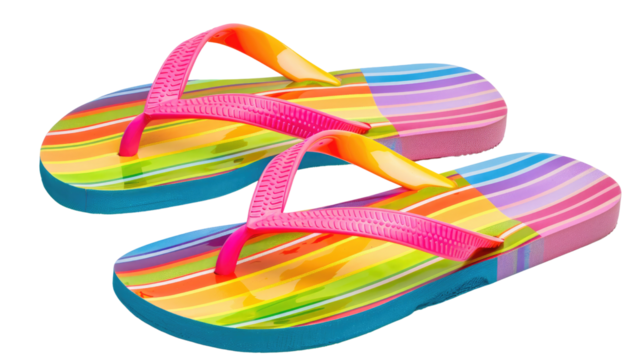 Pair of colorful beach sandals on white background or PNG