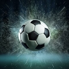 Naklejka premium Soccer Ball Background or Wallpaper - Soccerball image for Header or Promotional purpose - Soccerball with Special Effects in the Field of a Stadium - Championship, League or Cup
