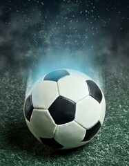 Fototapeta premium Soccer Ball Background or Wallpaper - Soccerball image for Header or Promotional purpose - Soccerball with Special Effects in the Field of a Stadium - Championship, League or Cup