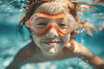 Fototapeta premium A happy young boy underwater wearing swimming goggles