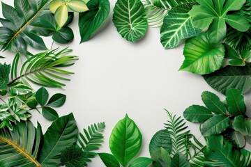 Lush green tropical leaves framing white background, ideal for botanical and nature-themed designs