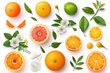 Obraz premium Fresh citrus fruits and blossoms on white background with vibrant oranges, grapefruits, and limes