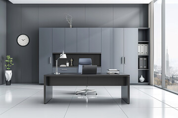 Modern office with a blue and gray color scheme, a desk in the center of an empty room with cabinets on one side, a minimalistic design with clean lines