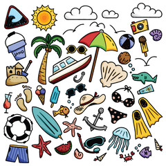 Fototapeta premium A colorful assortment of beach-themed doodles, including items like a sun, palm tree, boat, sunglasses, and various sea creatures. This vector image is perfect for summer and vacation designs.