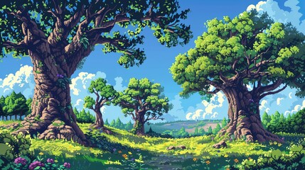 Beautiful animated landscape with large trees and blue sky, creating a serene, peaceful environment perfect for nature-themed projects.