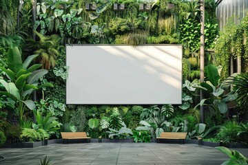 Public shopping center an empty blank white mockup signboard for advertisements with green leaves. ai generative